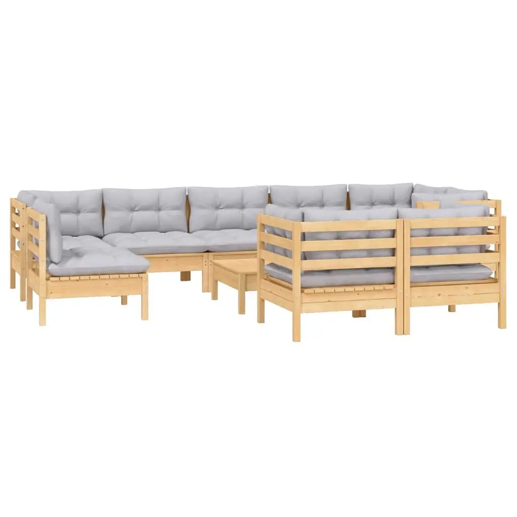 Garden Lounge Set Solid Pinewood 10 Piece Outdoor Patio Furniture Grey Cushions