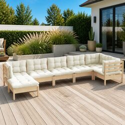 Solid Wood 7 Piece Garden Lounge Set with Cream Cushions