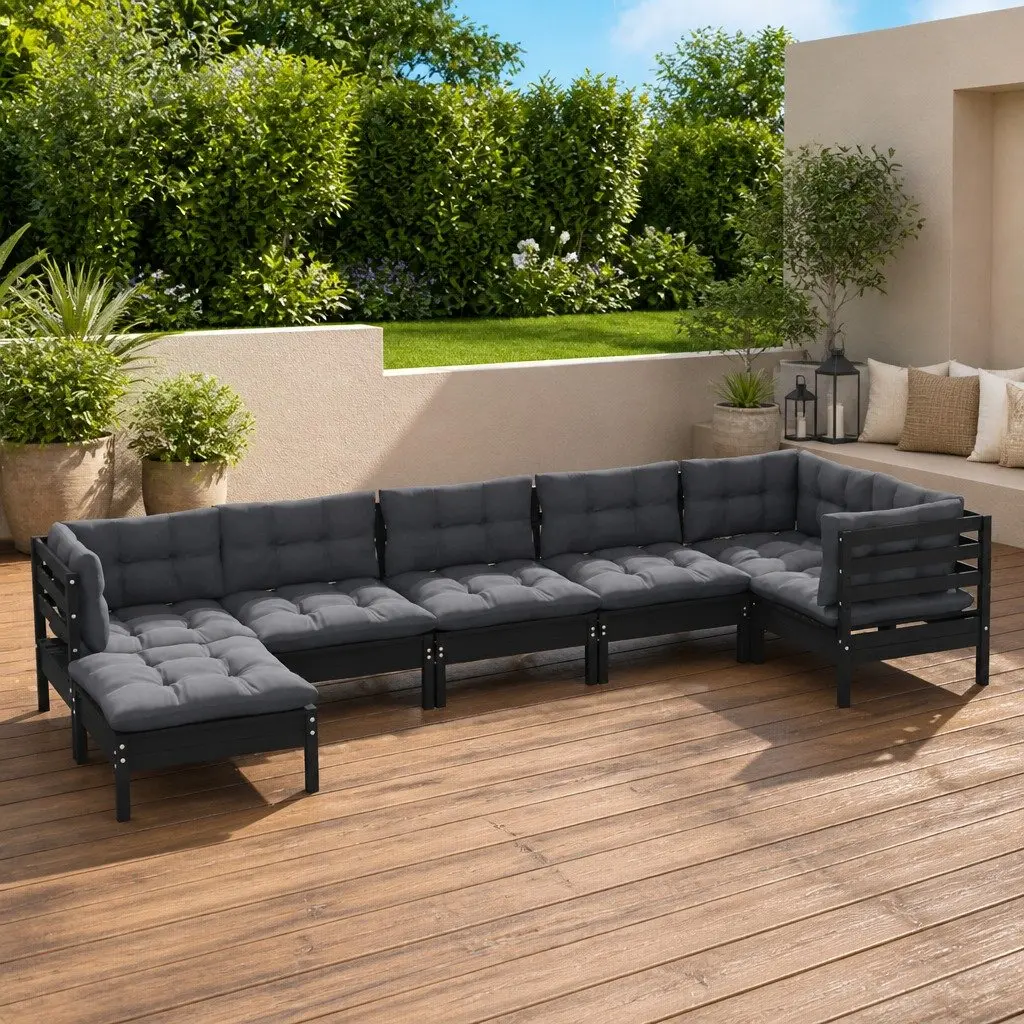 Garden Lounge Set Solid Pinewood 7 Piece Outdoor Patio Furniture Black Cushions Modular