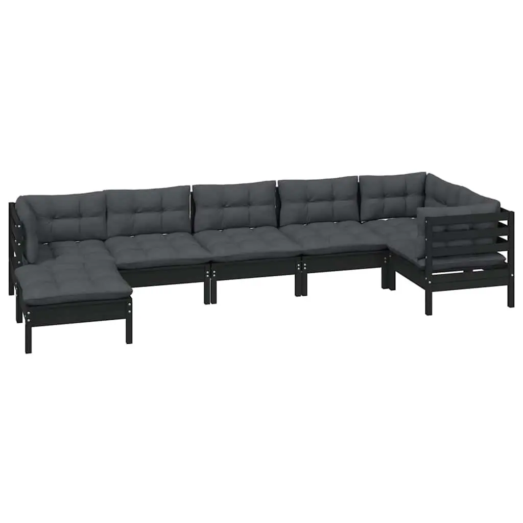 Garden Lounge Set Solid Pinewood 7 Piece Outdoor Patio Furniture Black Cushions Modular