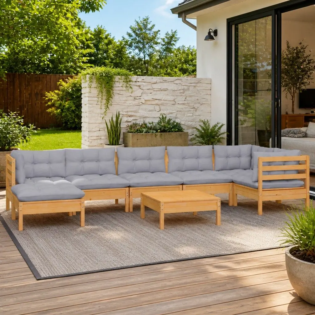 Garden Lounge Set Solid Pinewood 8 Piece Outdoor Patio Furniture Grey Cushions Modular Seating