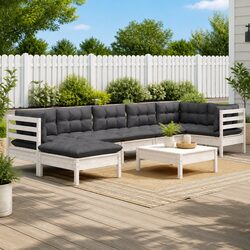 Durable 8 Piece White Pinewood Garden Lounge Set with Cushions