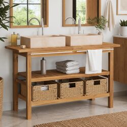 Bathroom Vanity Cabinet Cream Marble Dual Sinks Solid Teak Wood Storage Unit