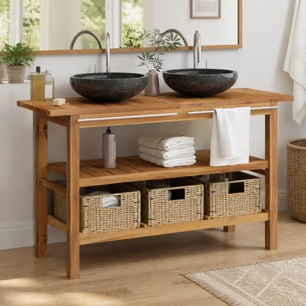 Teak Wood Bathroom Vanity with Dual Sinks