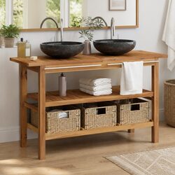 Bathroom Vanity Cabinet Solid Teak Wood Double Sink Basin Storage Unit with