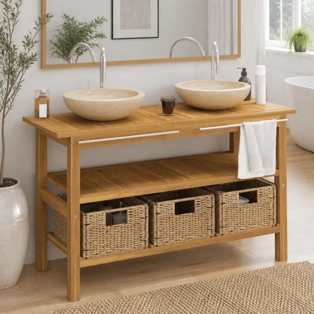 Solid Teak Wood Dual Sink Bathroom Vanity Cabinet
