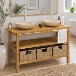 Solid Teak Wood Dual Sink Bathroom Vanity Cabinet