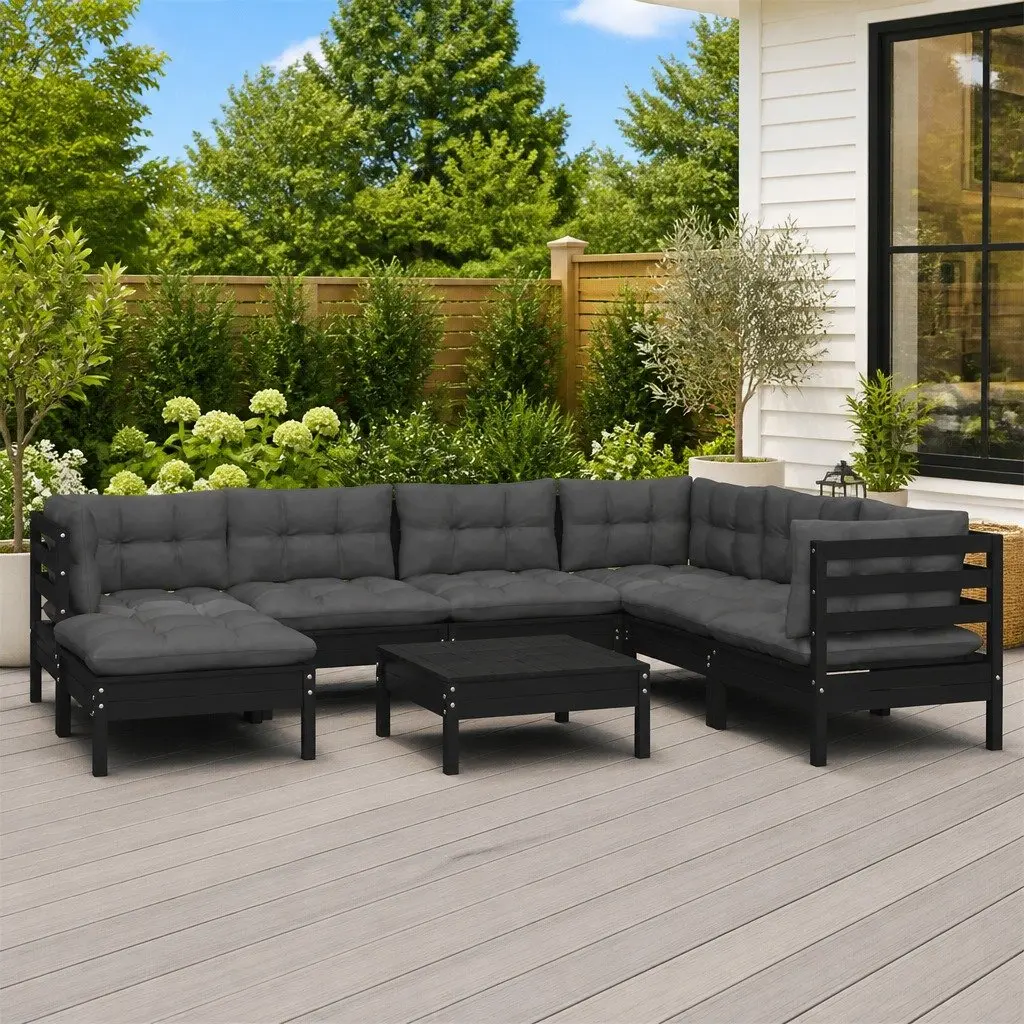 Garden Lounge Set Solid Pinewood 8 Piece Modular Outdoor Patio Furniture with Cushions Black