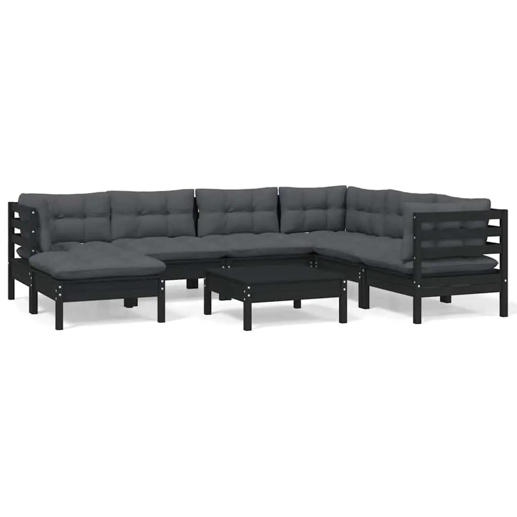 Garden Lounge Set Solid Pinewood 8 Piece Modular Outdoor Patio Furniture with Cushions Black