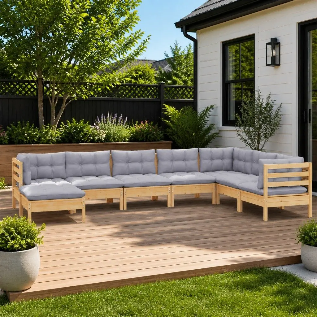 Garden Lounge Set Solid Pinewood 8 Piece Outdoor Furniture Patio Sofa Grey Cushions