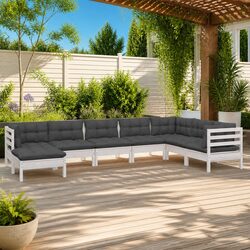 Durable 8 Piece White Pinewood Garden Lounge Set with Cushions