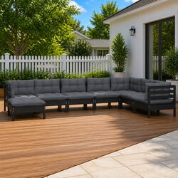Sturdy 8 Piece Black Pinewood Garden Lounge Set with Cushions