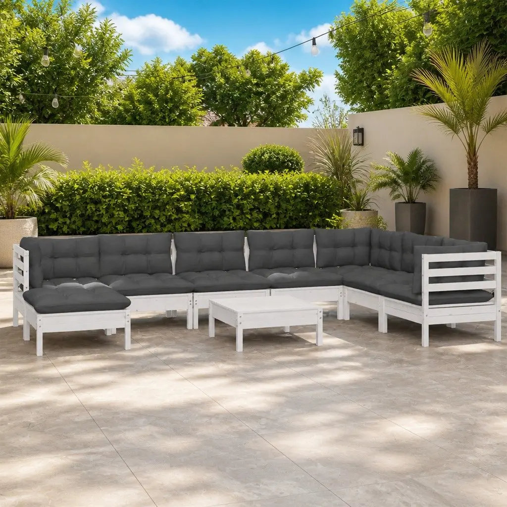 9 Piece White Solid Pinewood Garden Lounge Set