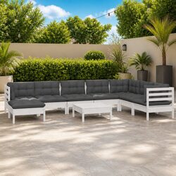Sturdy 9 Piece White Solid Pinewood Garden Lounge Set