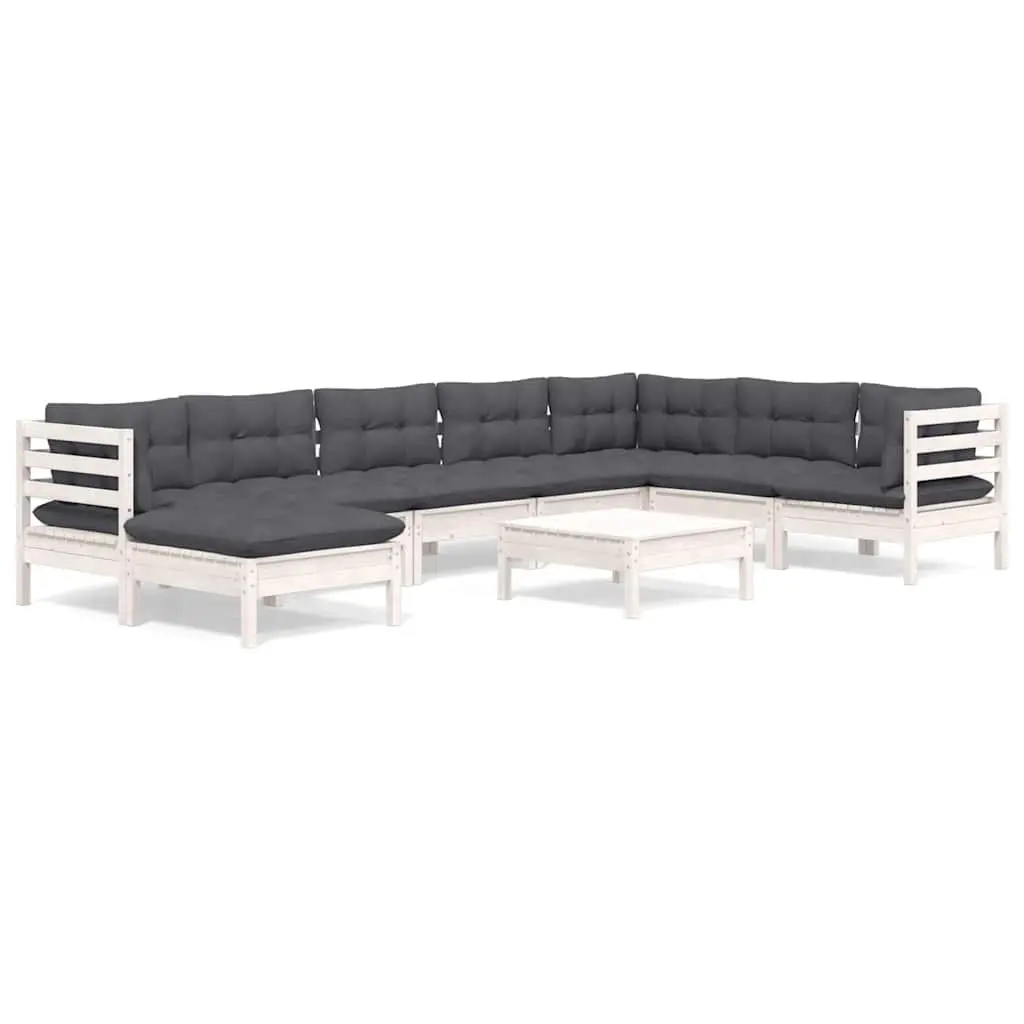 9 Piece White Solid Pinewood Garden Lounge Set