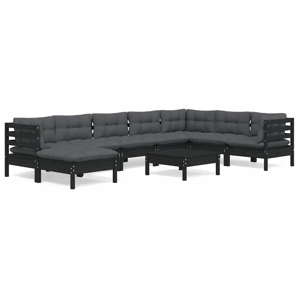 Garden Lounge Set Solid Pinewood 9 Piece Modular Outdoor Patio Furniture Black Cushions