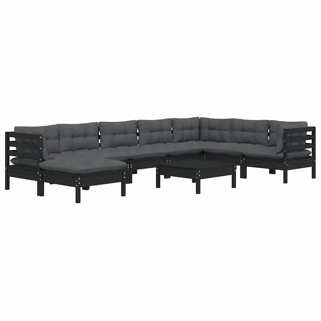 Garden Lounge Set Solid Pinewood 9 Piece Modular Outdoor Patio Furniture Black Cushions