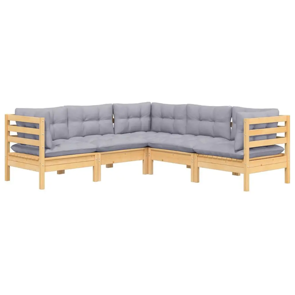 Garden Lounge Set Solid Pinewood 5 Piece Outdoor Patio Furniture Grey Cushions