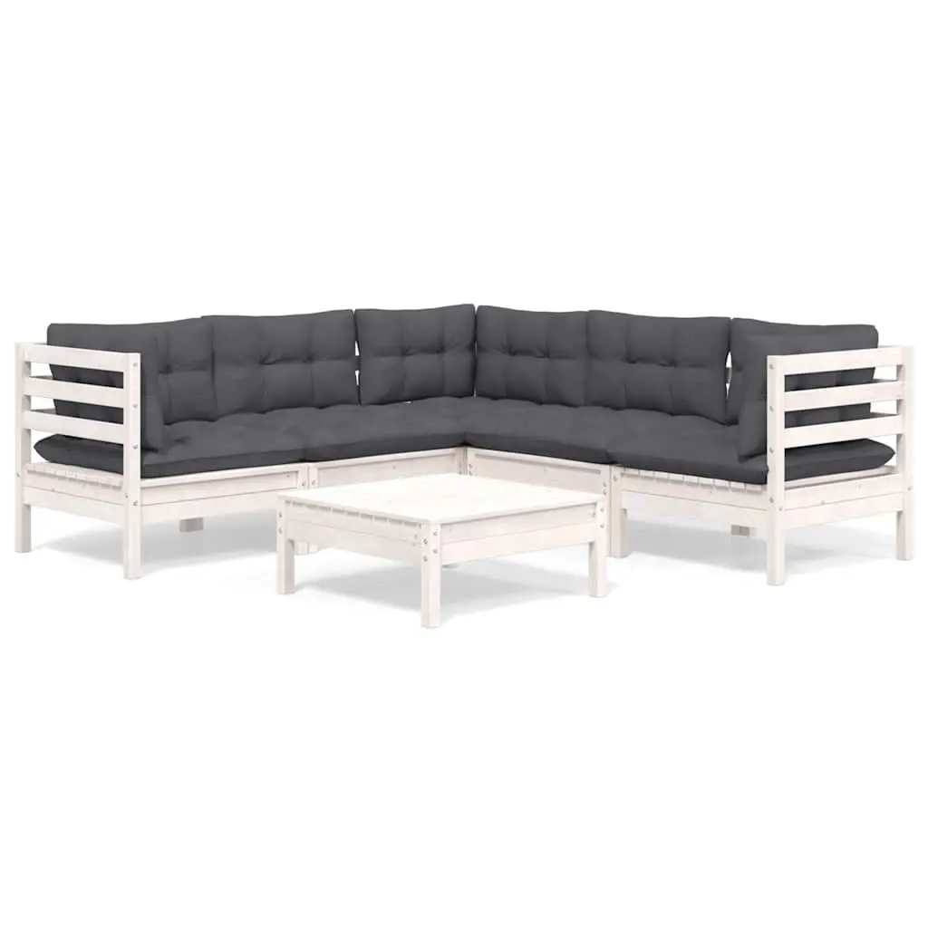 Garden Lounge Set Solid Pinewood 6 Piece Outdoor Patio Furniture White with Cushions