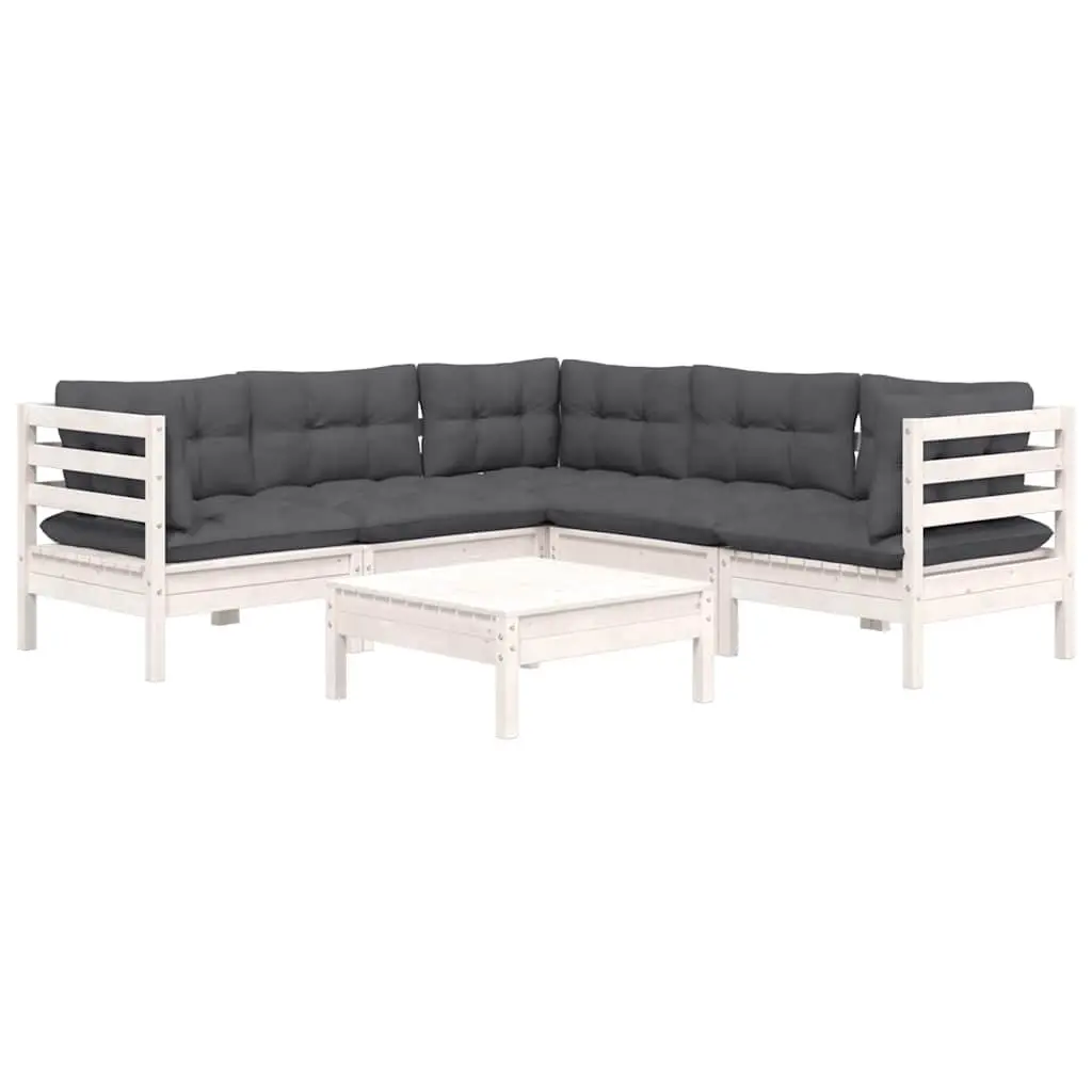 Garden Lounge Set Solid Pinewood 6 Piece Outdoor Patio Furniture White with Cushions