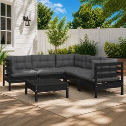 Sturdy Black Pinewood 6-Piece Garden Lounge Set with Cushions