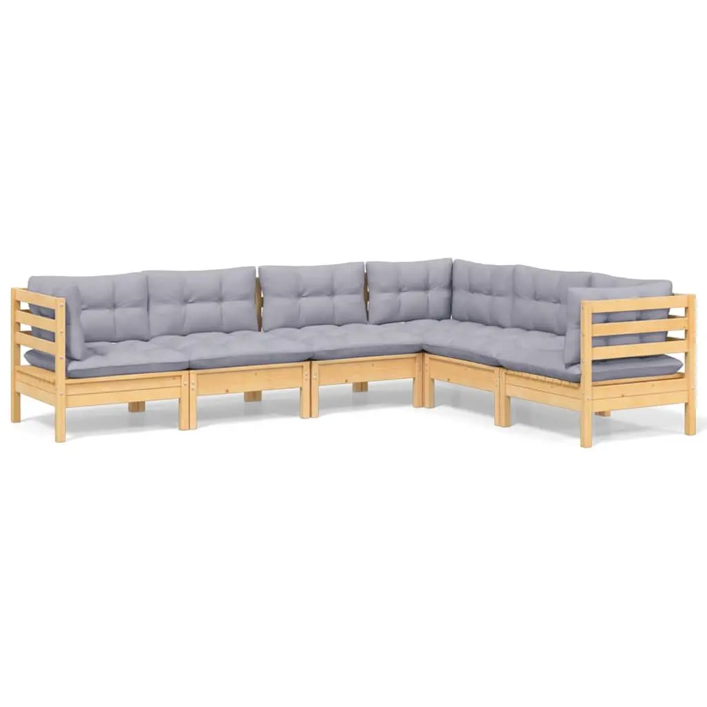 Garden Lounge Set Solid Pinewood 6 Piece Outdoor Patio Furniture Grey Cushions