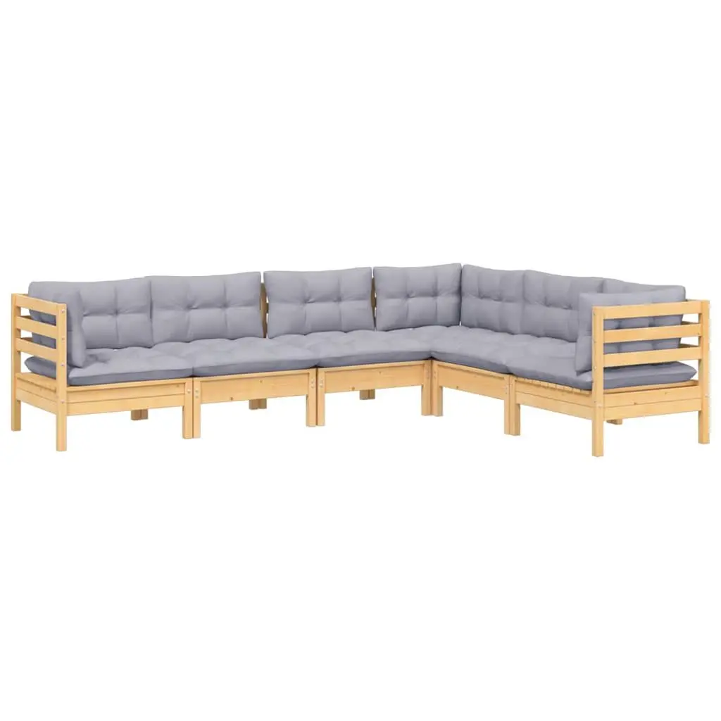 Garden Lounge Set Solid Pinewood 6 Piece Outdoor Patio Furniture Grey Cushions
