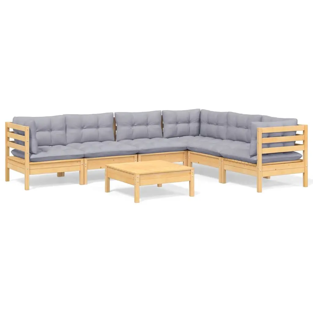 7 Piece Garden Lounge Set Solid Pinewood Grey Cushions Outdoor Patio Furniture