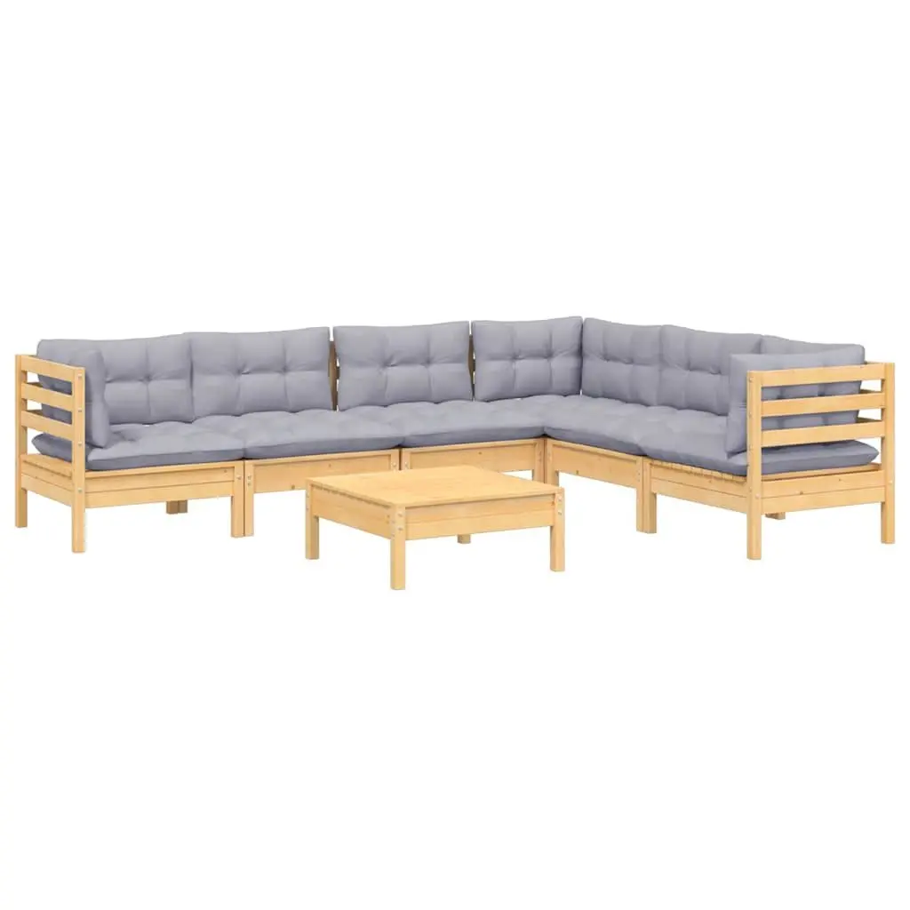 7 Piece Garden Lounge Set Solid Pinewood Grey Cushions Outdoor Patio Furniture