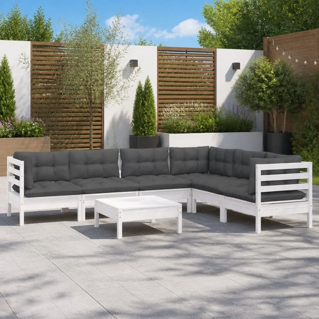 7 Piece White Solid Pinewood Garden Lounge Set