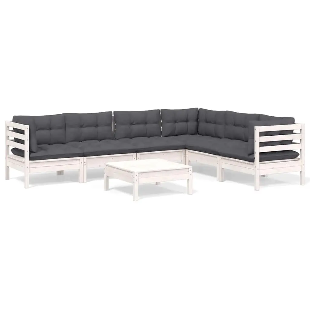 7 Piece White Solid Pinewood Garden Lounge Set