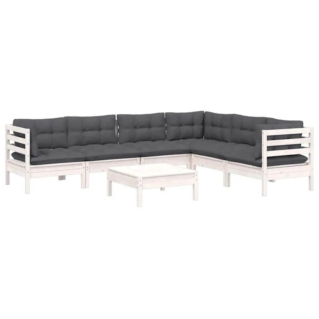 7 Piece White Solid Pinewood Garden Lounge Set