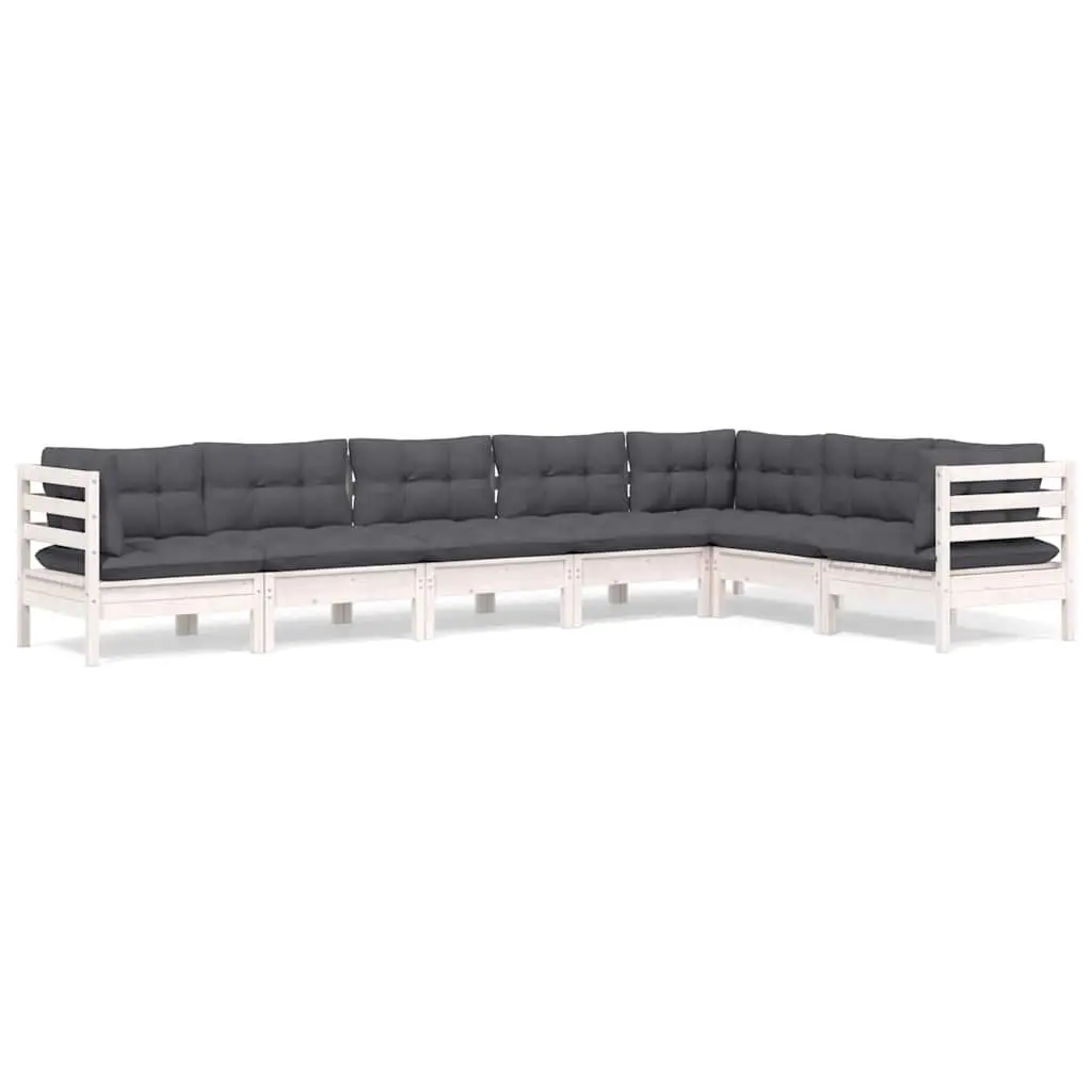 7 Piece Outdoor Patio Lounge Set White Solid Pinewood with Cushions