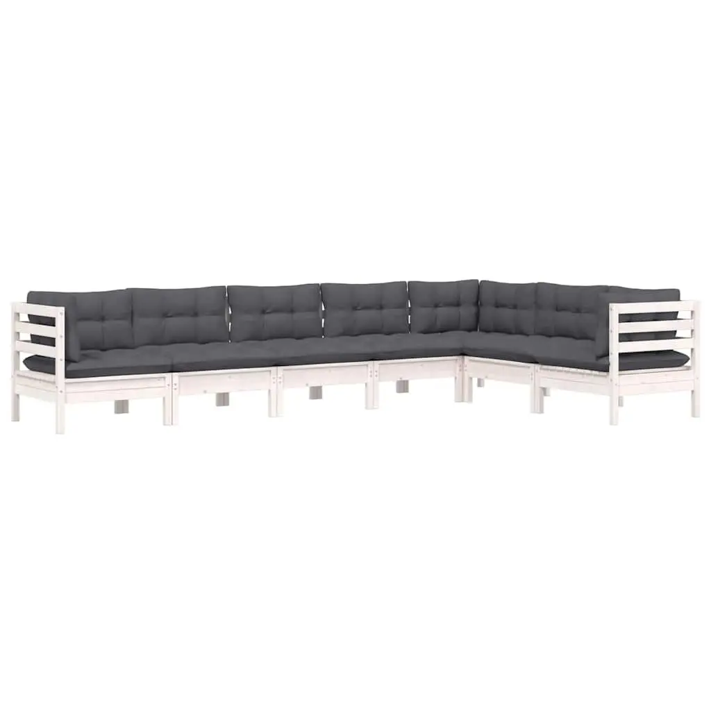 7 Piece Outdoor Patio Lounge Set White Solid Pinewood with Cushions