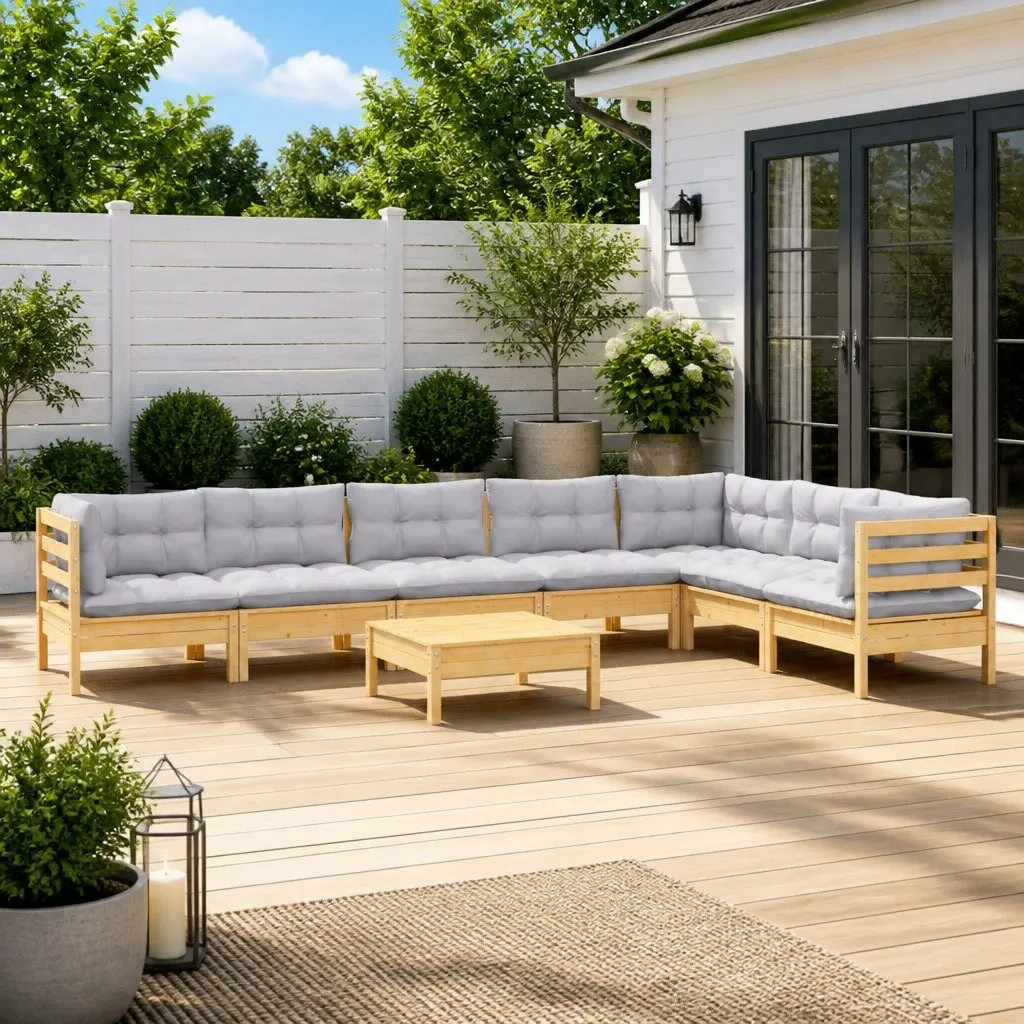 Garden Lounge Set Solid Pinewood 8 Piece Modular Patio Furniture Grey Cushions