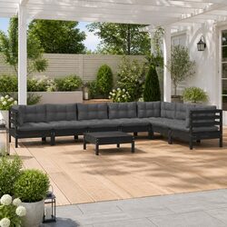 Durable 8 Piece Black Pinewood Garden Lounge Set with Cushions