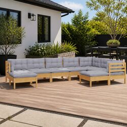 9 Piece Pinewood Garden Lounge Set with Grey Cushions