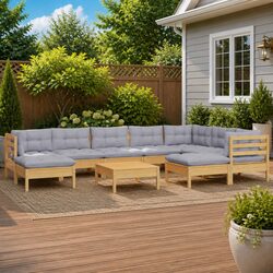 10-Piece Grey Cushion Garden Lounge Set with Pinewood