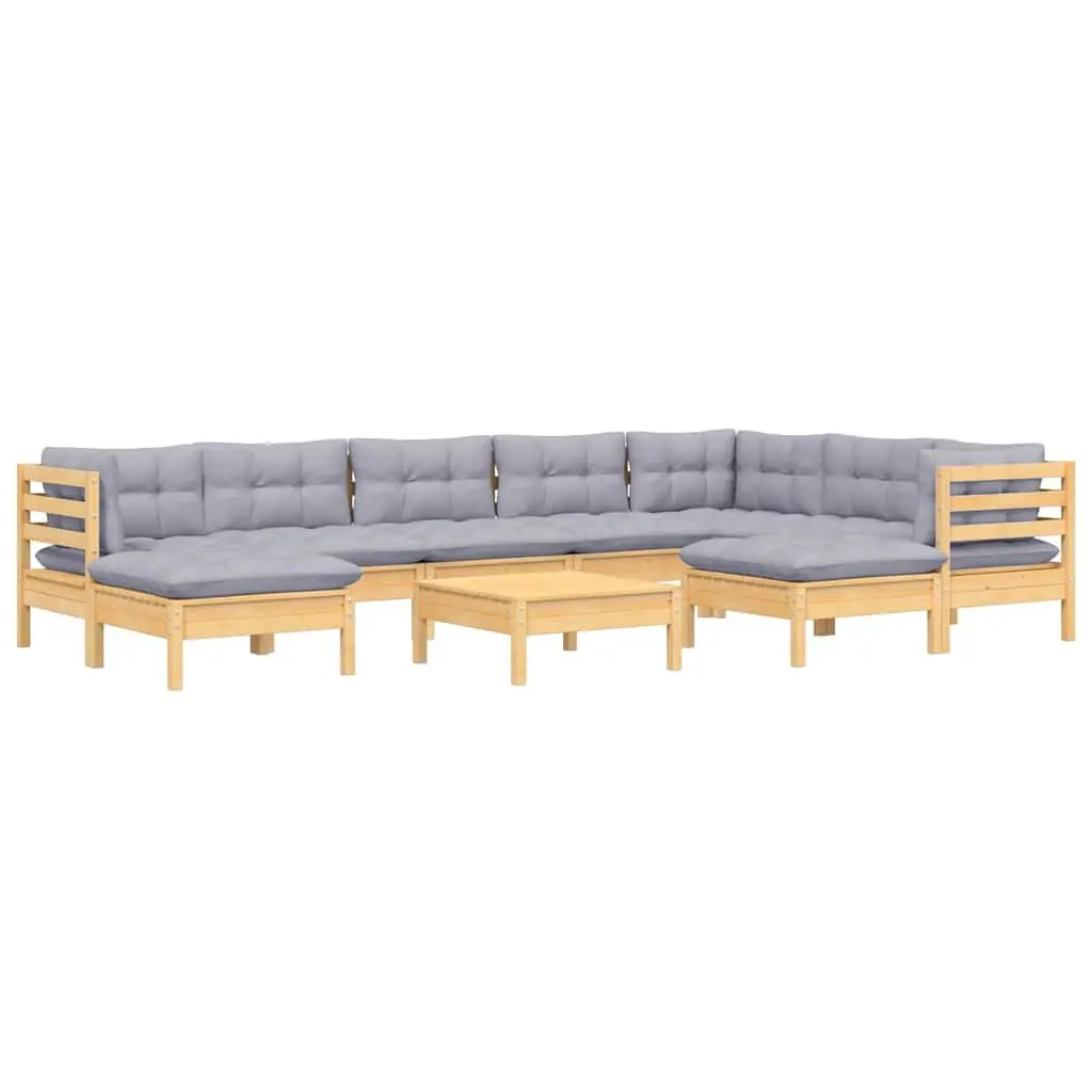 Garden Lounge Set Solid Pinewood 10 Piece Outdoor Patio Furniture Grey Cushions