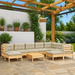 Garden Lounge Set 10 Piece Outdoor Patio Furniture Cream Cushions Pinewood