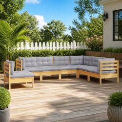 Solid Pinewood 7 Piece Garden Lounge Set with Grey Cushions