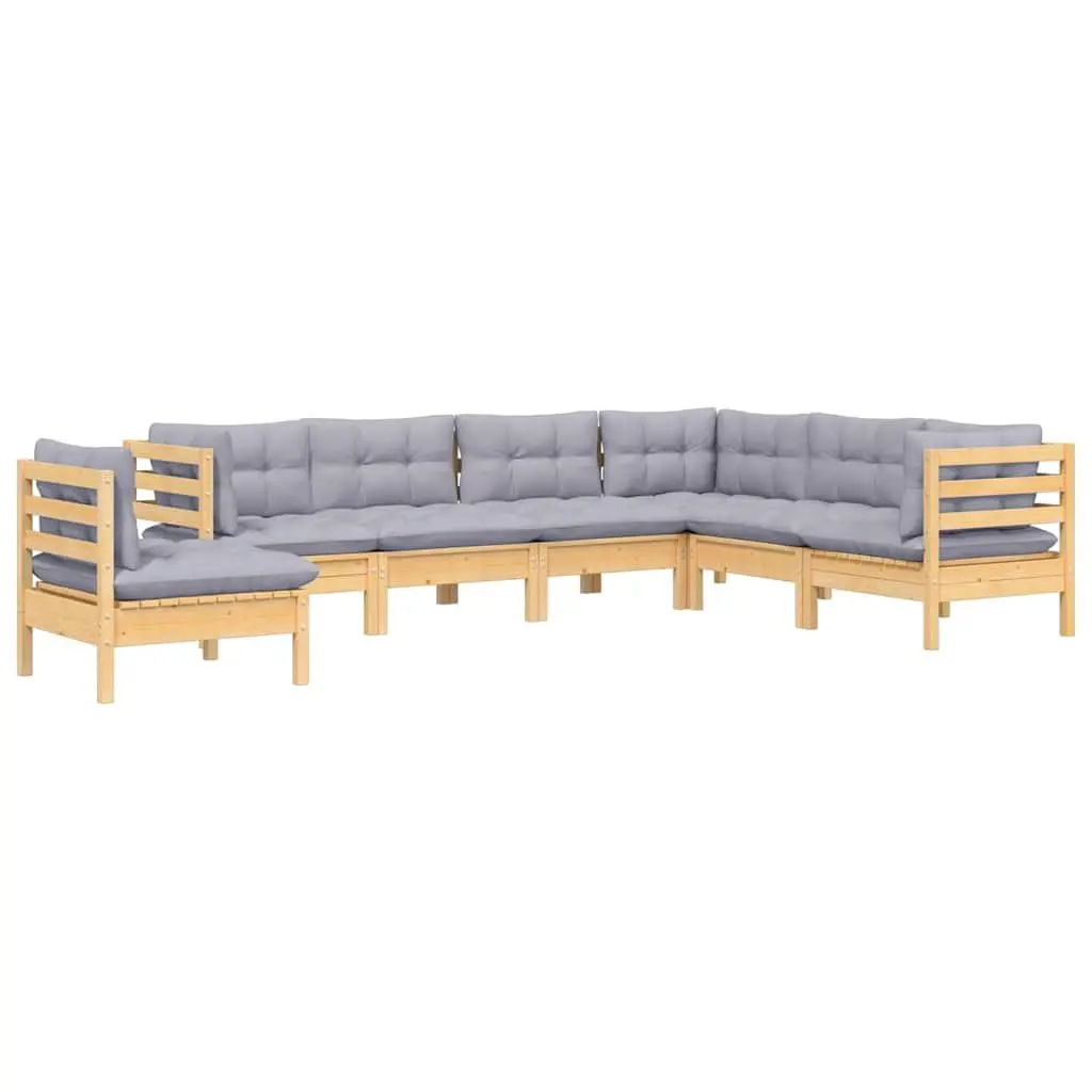 Solid Pinewood 7 Piece Garden Lounge Set with Grey Cushions