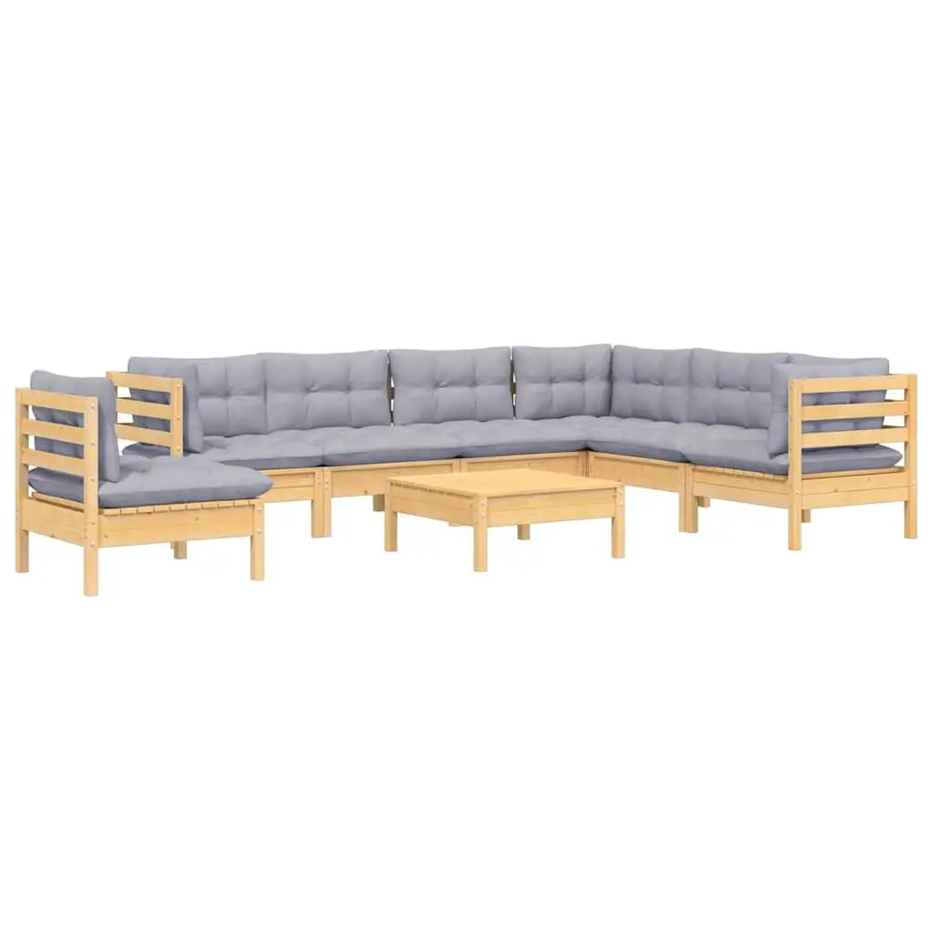 Garden Lounge Set Solid Pinewood 8 Piece Outdoor Patio Furniture Grey Cushions
