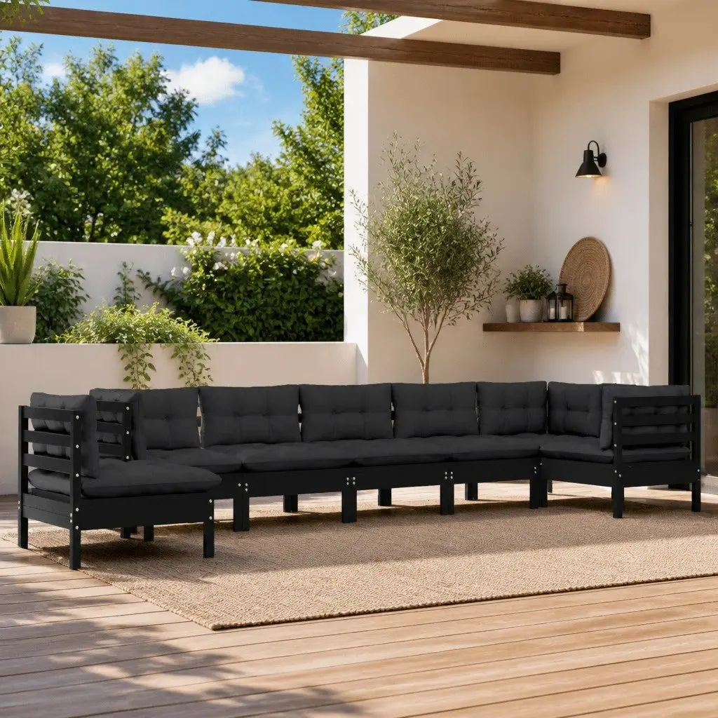 Garden Lounge Set Solid Pinewood 8 Piece Black Outdoor Furniture with Cushions