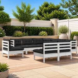 Sturdy 9 Piece White Pinewood Garden Lounge Set with Cushions
