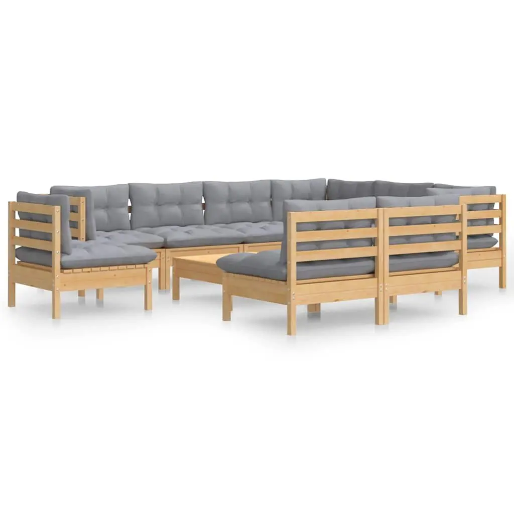 Modular Garden Lounge Set Solid Pinewood 10 Piece Grey Cushions