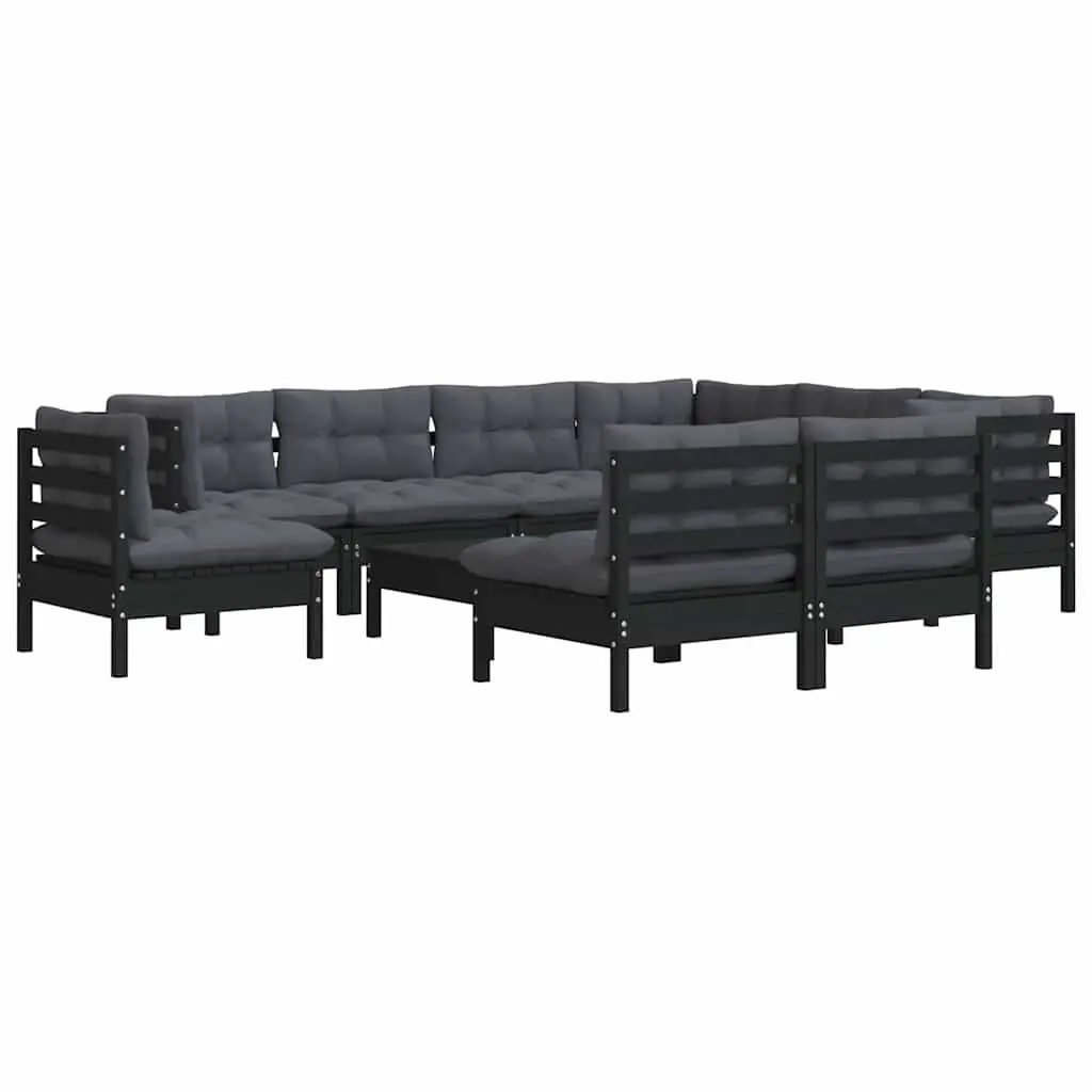 Garden Lounge Set Solid Pinewood 10 Piece Outdoor Patio Furniture Black Modular Sectional