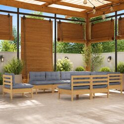 10-Piece Garden Lounge Set with Grey Cushions and Pinewood Frame