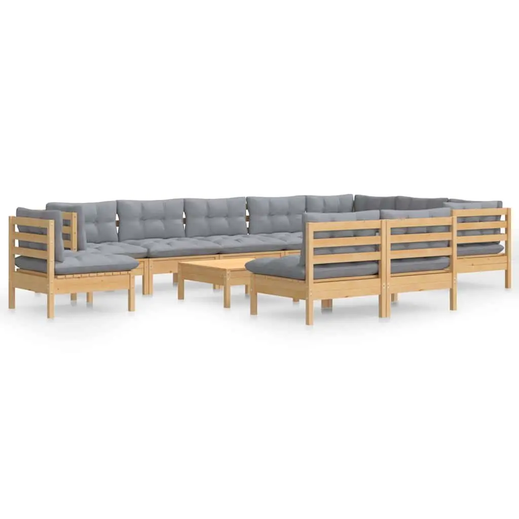 Solid Pinewood Garden Lounge Set 11 Piece with Grey Cushions