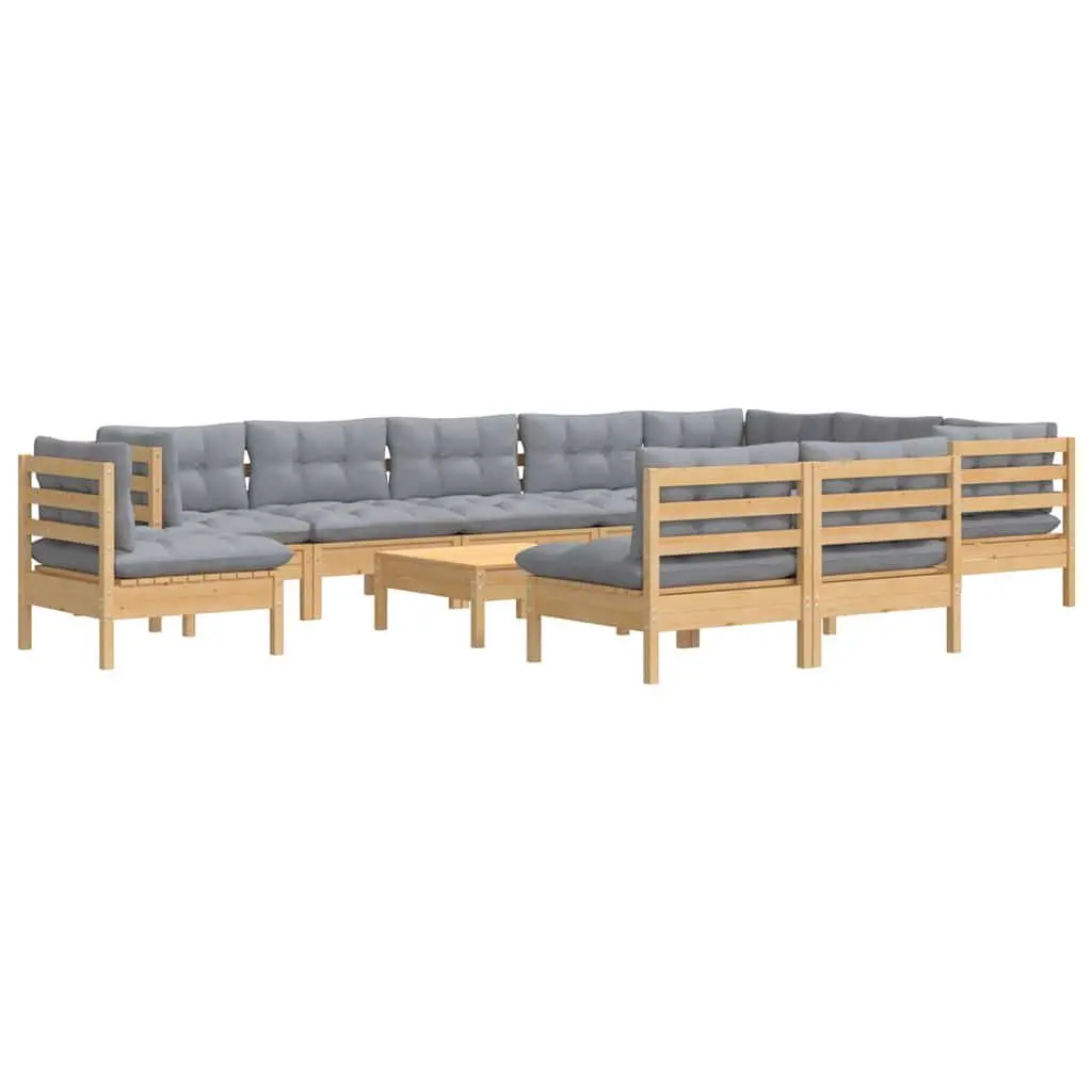 Solid Pinewood Garden Lounge Set 11 Piece with Grey Cushions